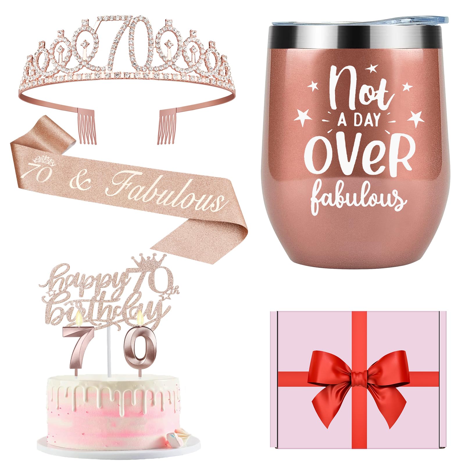70th Birthday Decorations for Women with 70th Birthday Sash and Crown, Cake Topper and Candles, 12oz Wine or Coffee Tumbler Mug with Lid, 70 Year Old