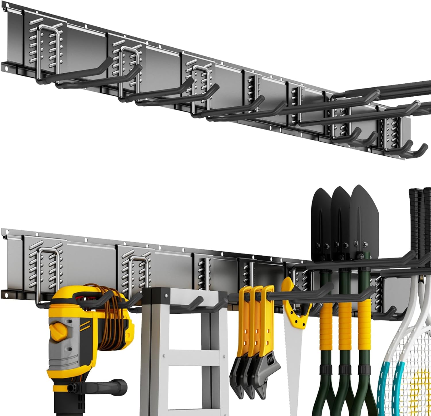 Garden Tool Organizer Wall Mount, 48inch Heavy Duty Garden Tool organizer Storage System, Easy Install With 7 Adjustable Hooks, For Garage, Basement, Shed, Workshop(Black)