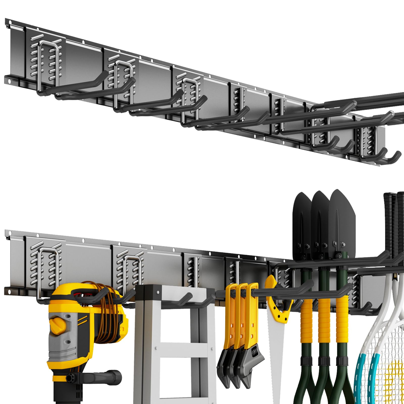 Garage Tool Organizer Wall Mount, 48 Inch Heavy Duty Garden Tool Organizer Storage System, Easy Install with 7 Adjustable Hooks, for Garage, Basement, Shed, Workshop, Black, Steel
