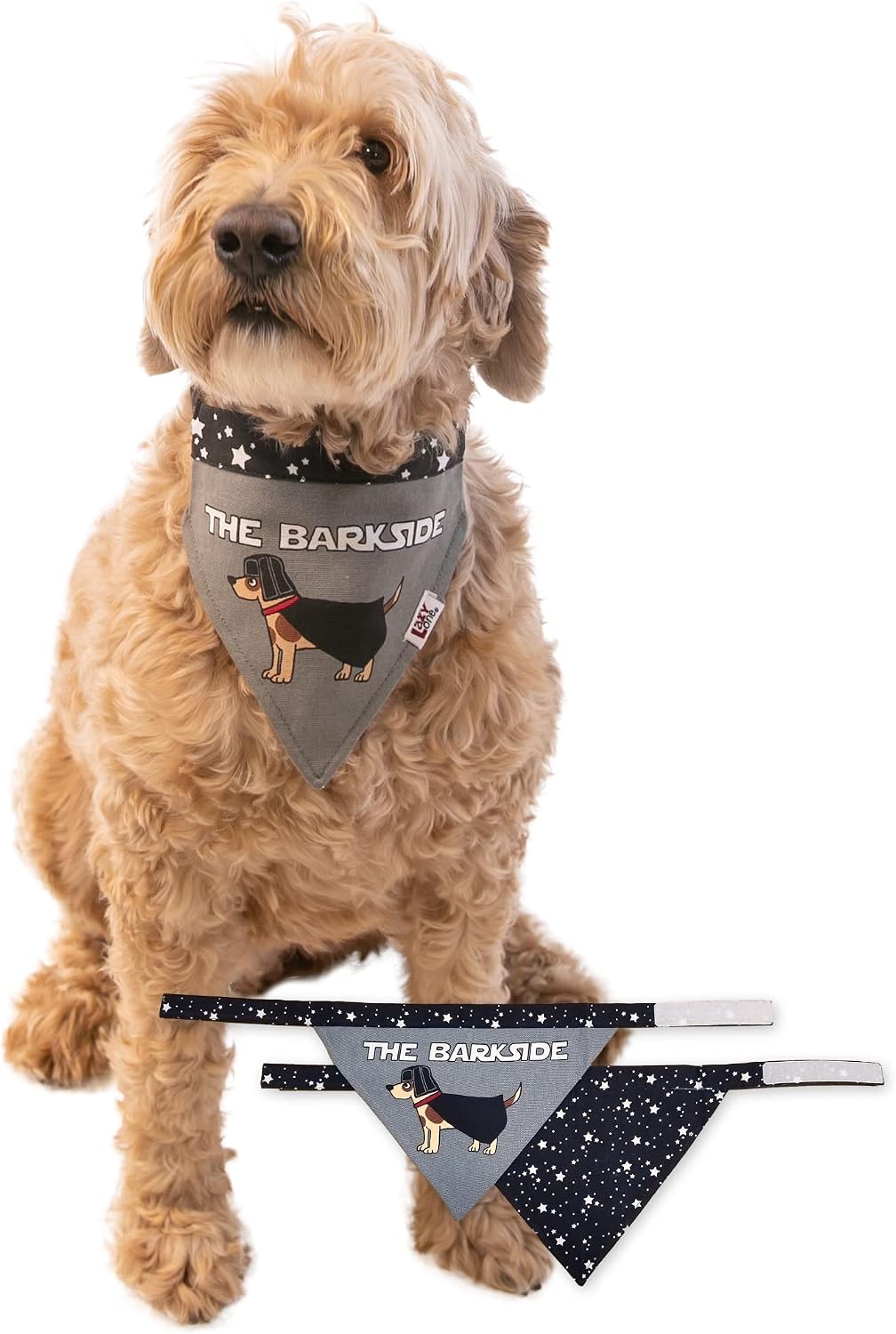 LazyOne Dog Bandana, Reversible Cotton Bandanas for All Dog Sizes, Dark Side, Stars (Bark Side, Large)