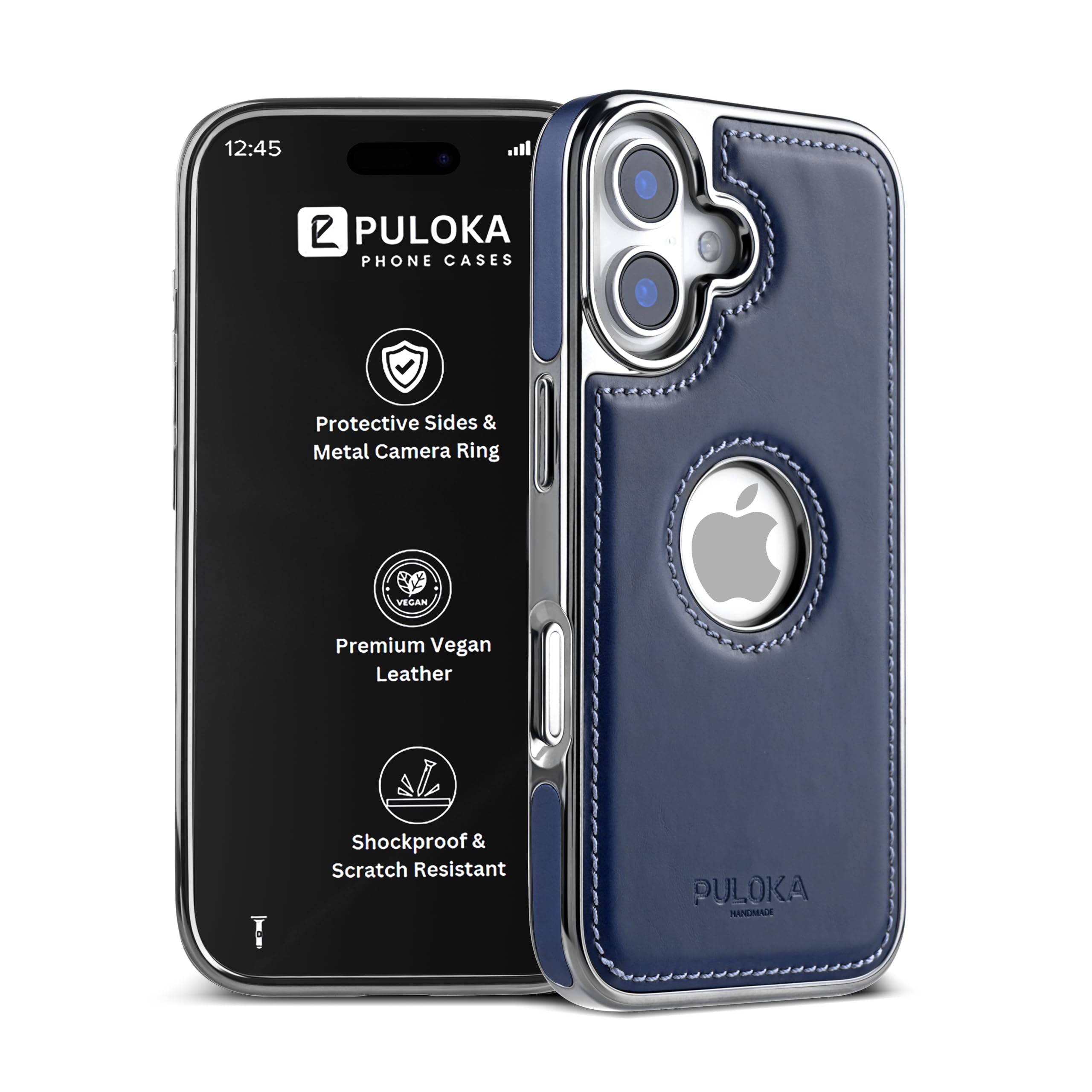 PULOKA Chrome Leather Back Case - Compatible with iPhone 16 Plus - Luxury Bumper Case - Flexible Vegan Leather - Electroplated Sides & Logocut - Full Camera Protetection & Raised Edges - (Blue)