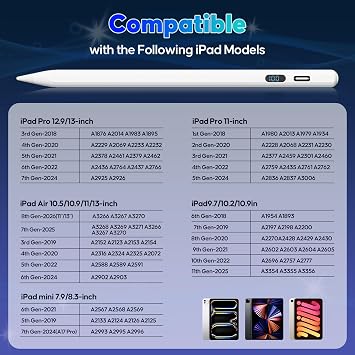 A-PCE iPad Pencil 2018-2026, Fast Charging Stylus with LED Display, White | Apple Stylus Pen for iPad 11/10/9/8/7/6th Gen, Air 5/4/3/M4/M3/M2, Pro 13/12.9/11/M4, Mini 7/6/5th