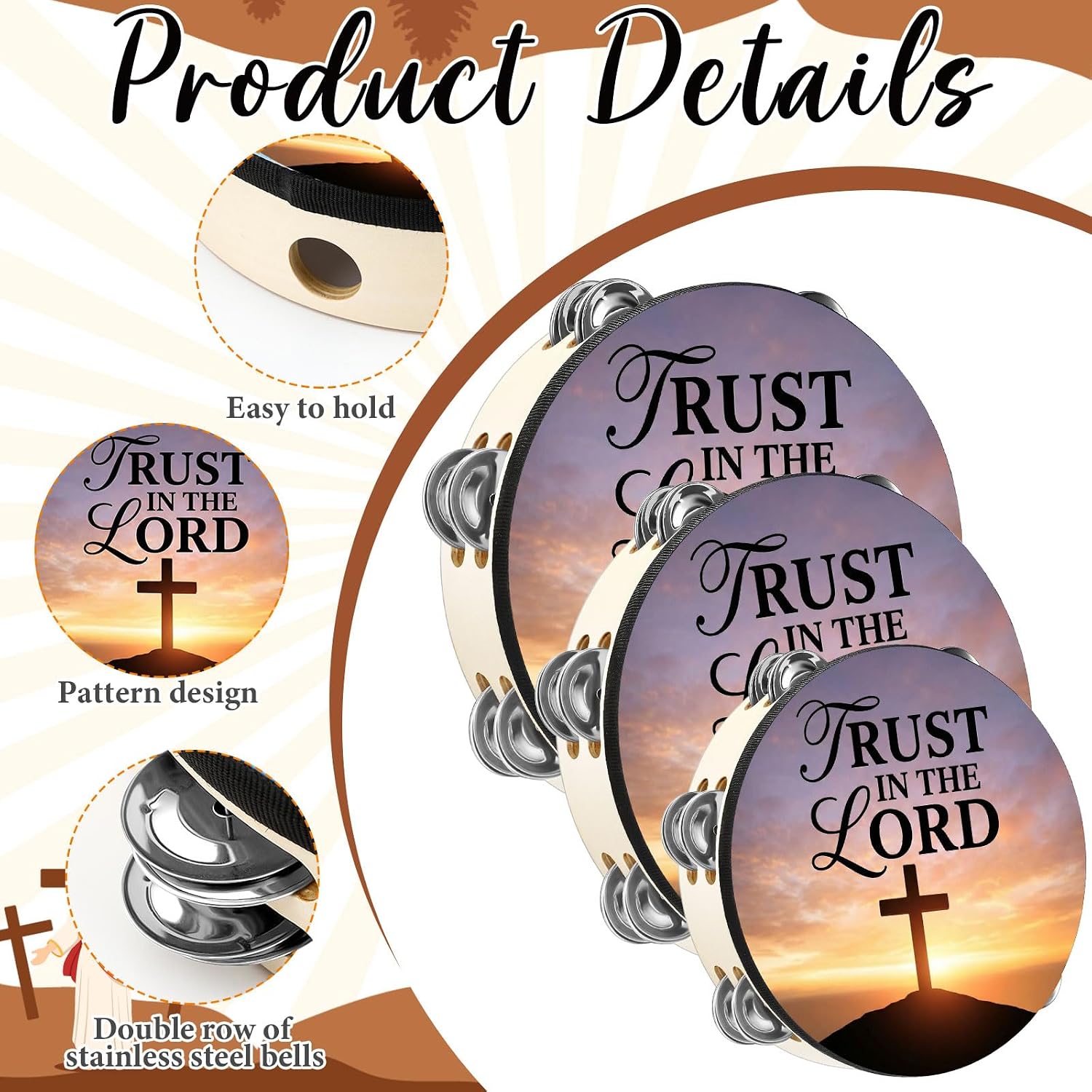 3 Pcs Trust in the Lord Tambourines for Adults Church Christian Dance Tambourine Double Row Jingle Bible Hand Bell Clap Drum for Church Pray Party Percussion Musical Instrument