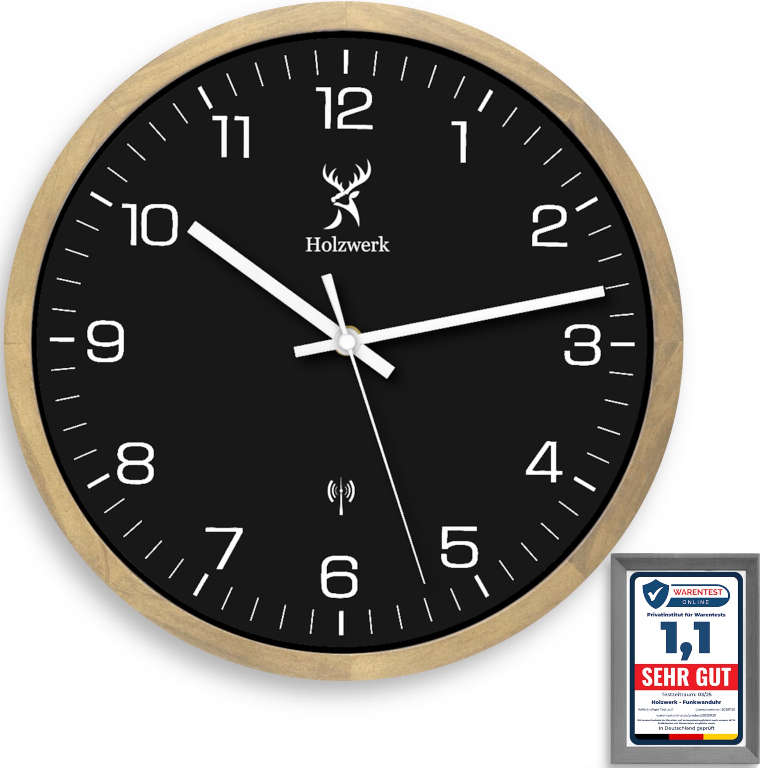 Holzwerk HILDBURG Funk Natur Holz Funkwanduhr Wanduhr Holz-Uhr Vintage Funkuhr lautloses Uhrwerk ohne Tickgeräusche Buche Braun Schwarz Weiß lautlos aus handgefertigtem Massivholz 30 cm