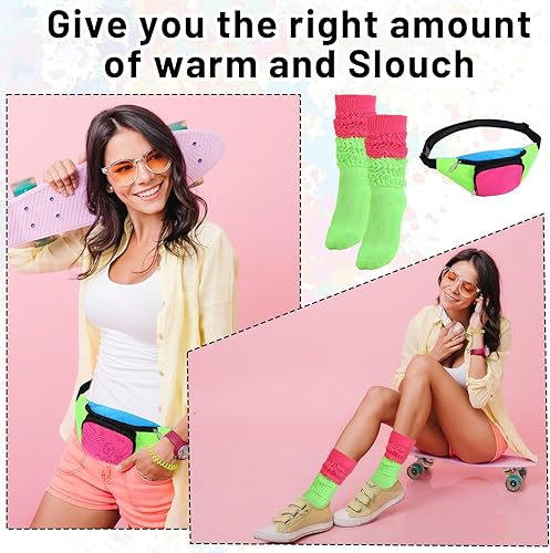 Miniatura 5 de Riñonera de neón de los años 80 con calcetines de pelo de bloques de color, riñoneras retro para mujeres y hombres, accesorios de los años 80, bolsa