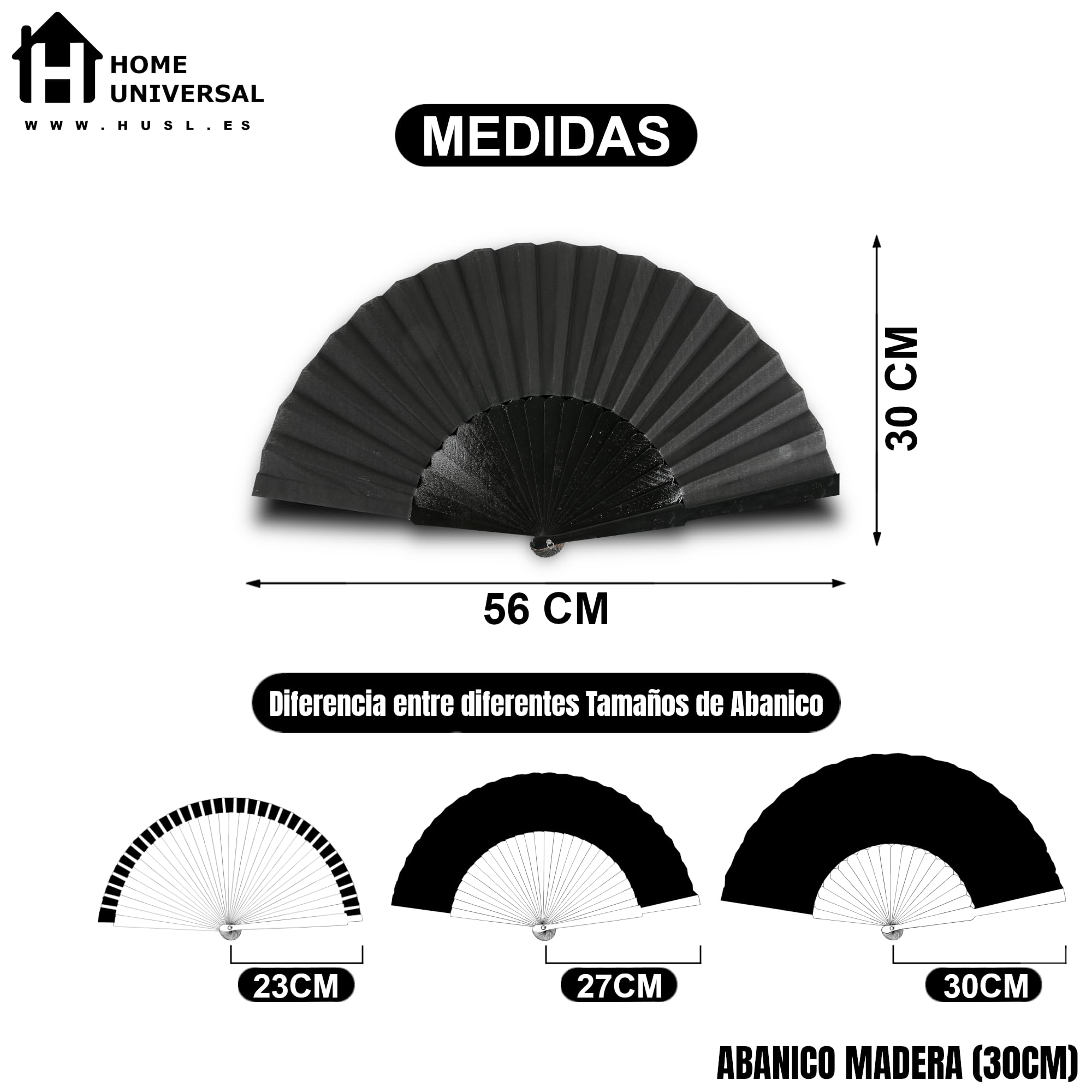 Home Universal® Abanico de Madera Plegable con Argollas para Colgar, 23, 27, 30 cm, Ligero y Resistente, para Bodas y Eventos (12, Negro (30CM), 30CM)