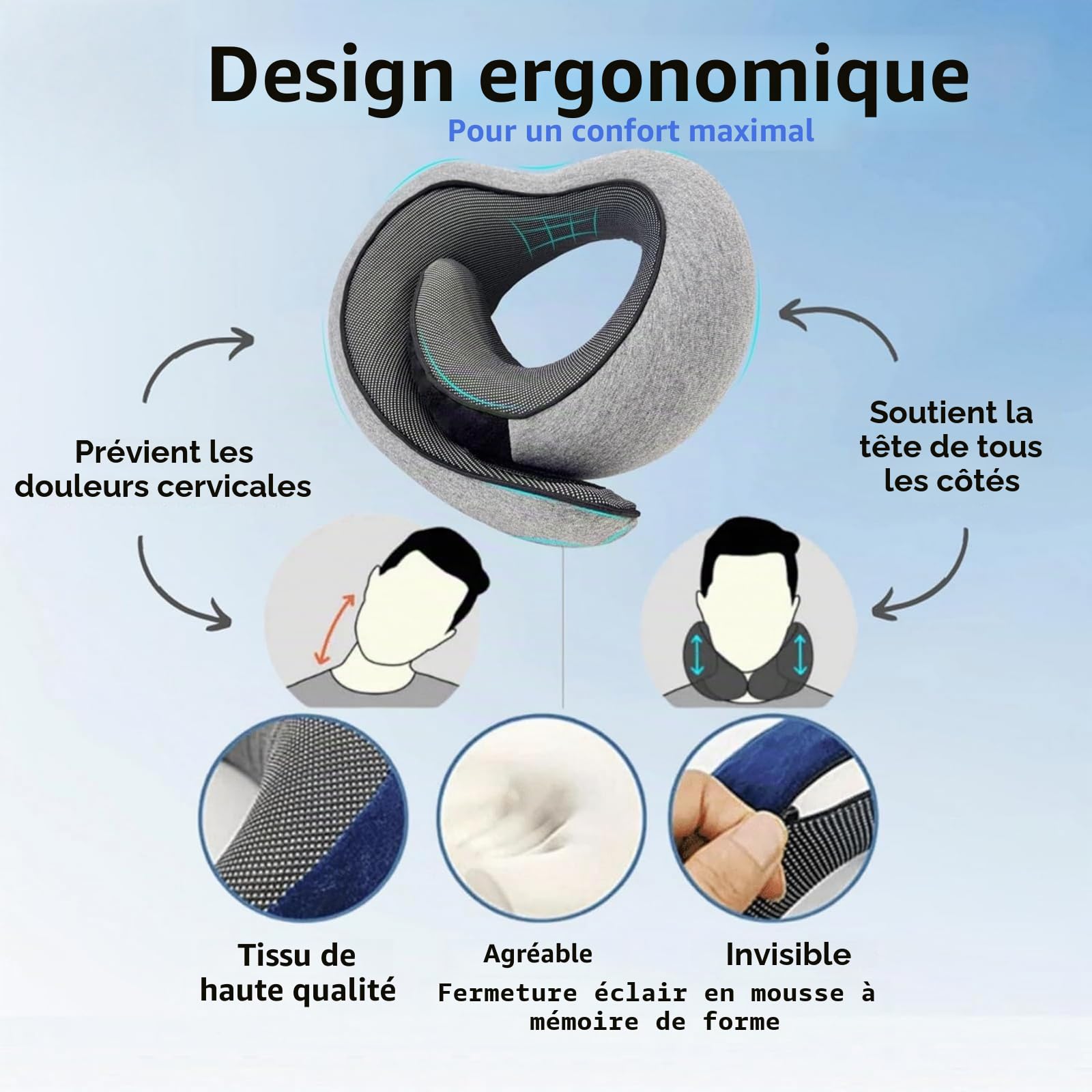 Nomadike Nomarest Oreiller de Voyage-Nappy Coussin de Voyage à 360° - avec Masque pour Les Yeux 3D et Bouchons d'oreilles - Ergonomique et Compressible - Gris 2