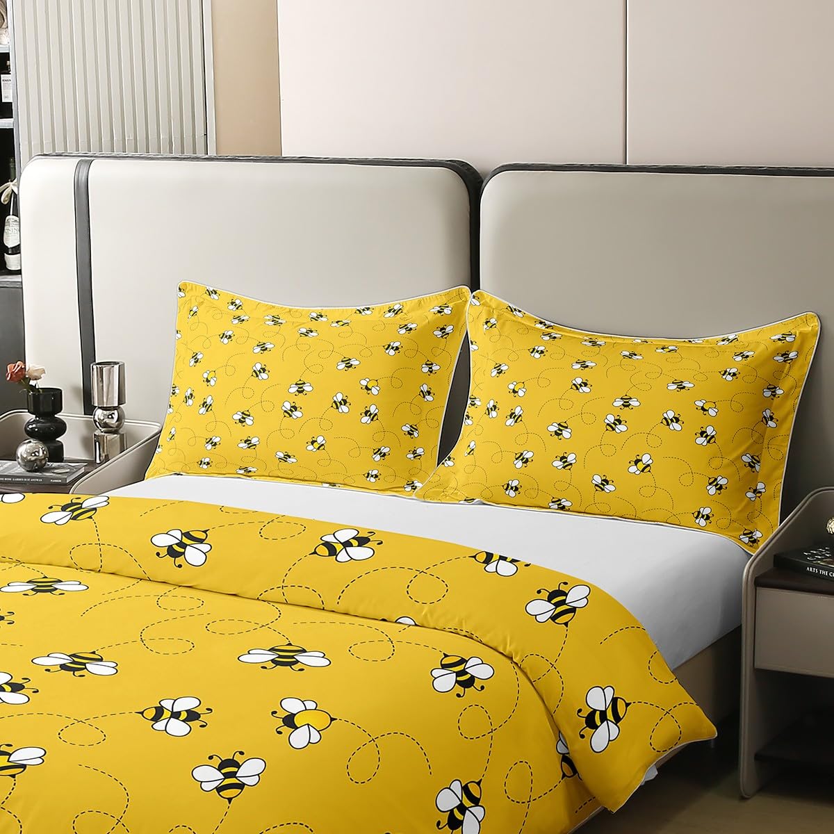 Loussiesd Süße Bienen Baumwolle Bettwäsche Set 135x200cm, Biene und Blumen Bettwäsche Natur Frühling Garten Bieneative Bettbezug für Mädchen Jungen Gelb Schwarz