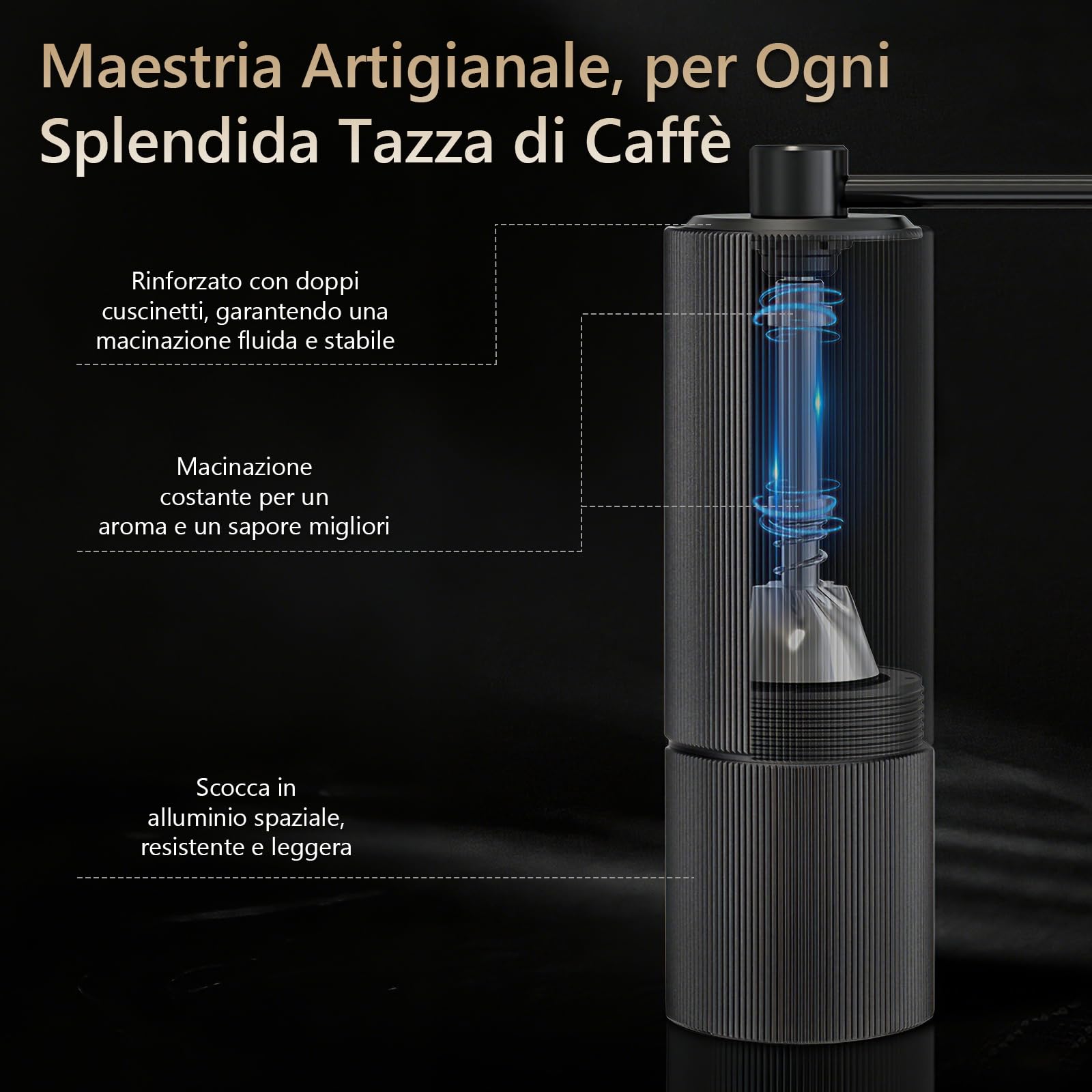 Macinacaffè Manuale, Macina Caffè Manuale con Macina Conica in Acciaio Inox, Coffee Grinder con 30 Impostazioni Regolabili e Capacità di 30g, per Moka, Pour Over, French press e Aeropress
