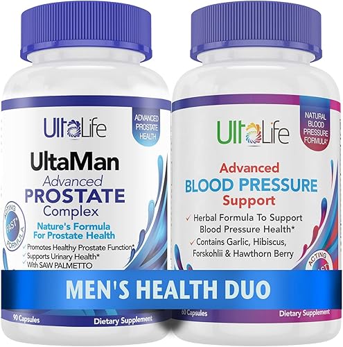 Men's Health Duo - 2 botellas - Un complejo de apoyo de próstata con palma enana americana y beta sitosterol y un suplemento de presión arterial