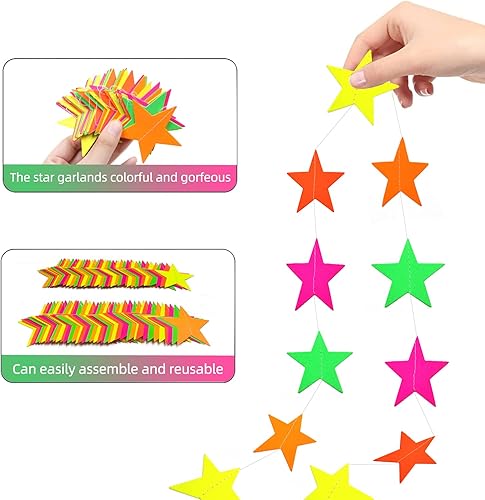 Miniatura 7 de Guirnalda de neón de papel de estrella UV de 110 pies, decoraciones de luz negra para fiesta de brillo oscuro, recuerdos de fiesta reactivos a los