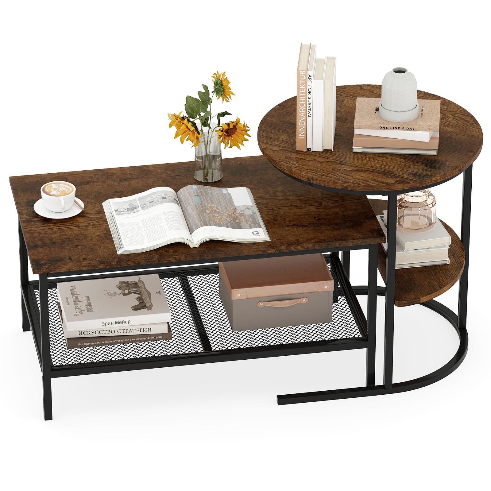 COSTWAY Juego de Mesa de Café 2 en 1, Mesa Redonda y Juego de Mesita Rectangular con Tapa de Mármol Sintético y Estante de Almacenamiento Adicional, para Sala de Estar, Dormitorio (Negro y Marrón)