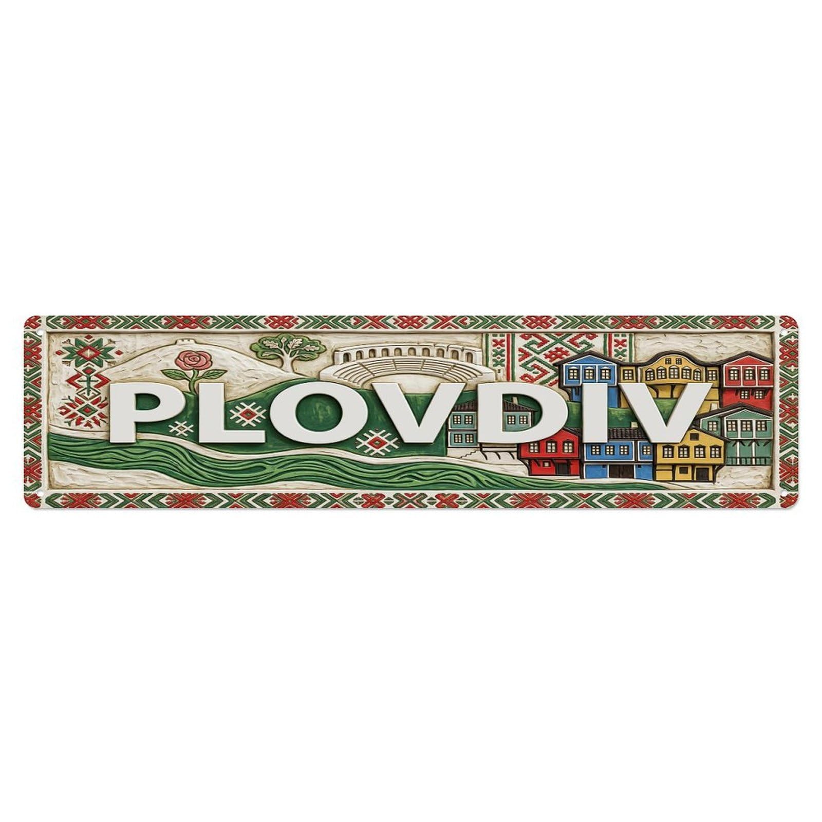 Cwbufd Vintage Style Vintage Plovdiv Bulgaria Flag Pattern Vintage Metal Tin Sign Plaque Wall Decor For Cafe, Club Bar, Office, Garden Metal Poster 4X16inch