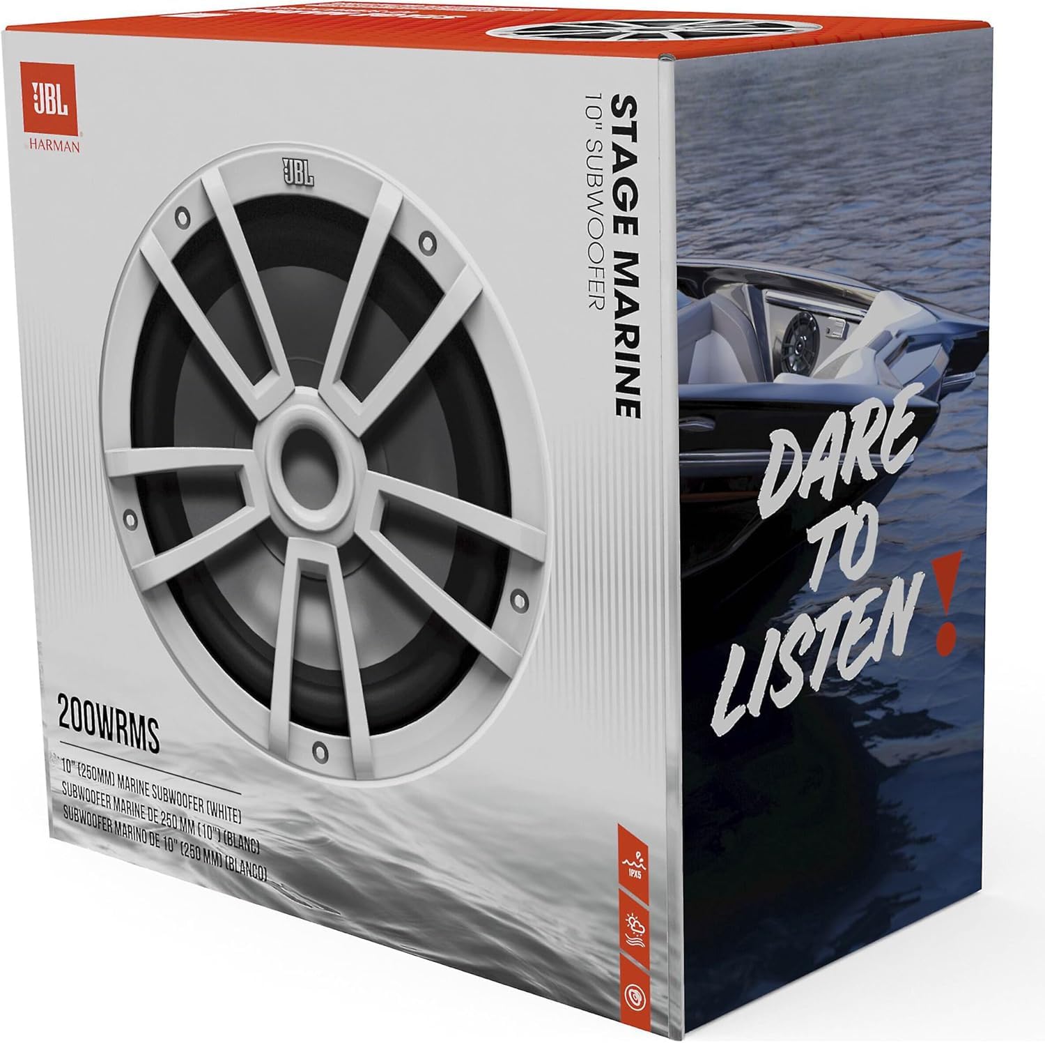 JBL Stage Marine 10 Subwoofer 250mm con 200W RMS e 600W Peak 88dB sensibilità 30Hz–250Hz 4 ohm design marino resistente ideale per imbarcazioni offrendo bassi profondi e prestazioni affidabili