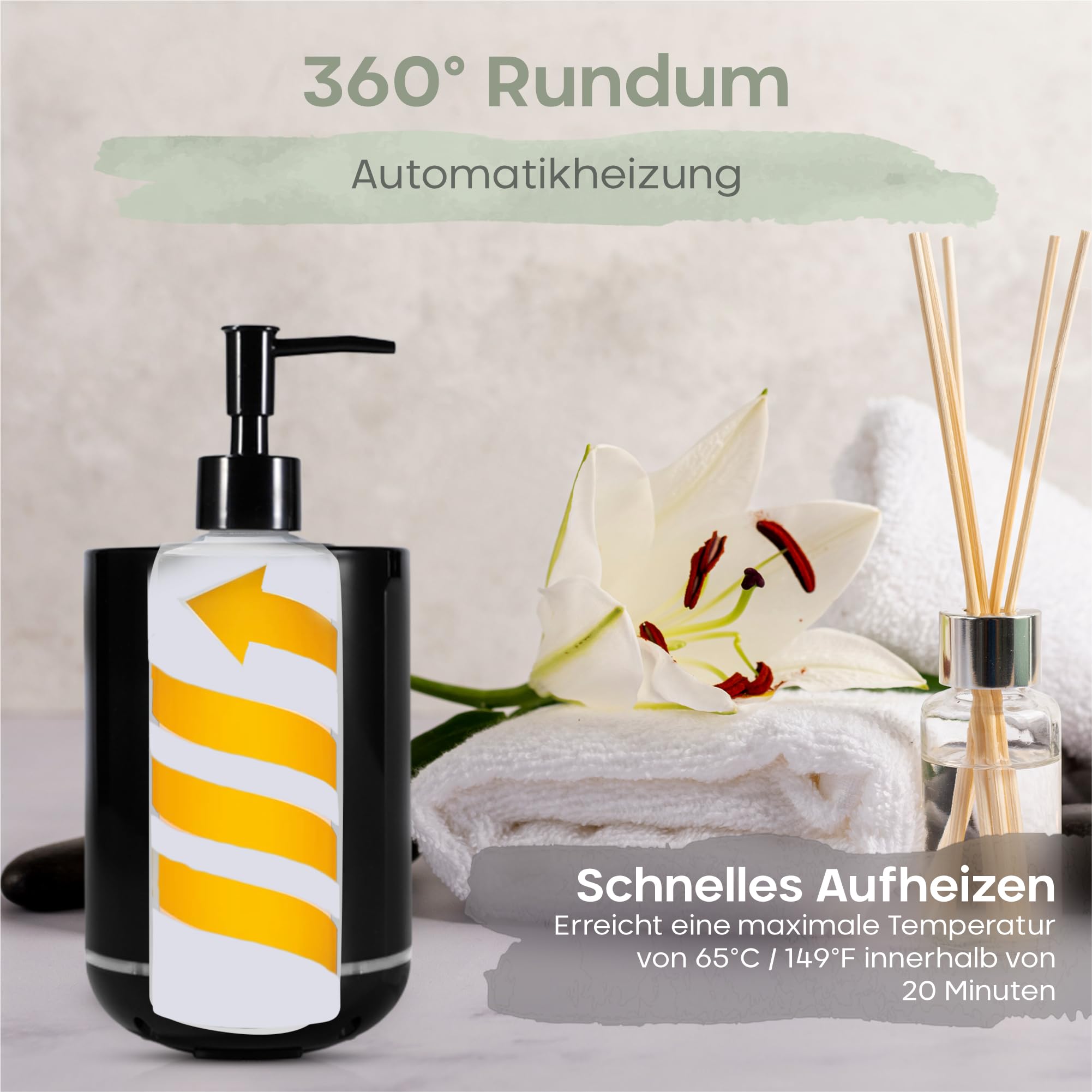 Massageöl Wärmer, 250 ml Kunststoff Flasche (2x), Fast-Heating Technologie (20 Min Aufheizen), Massageöl und ätherische Öle, Temperatur (30-65 Grad), Massage Wellness, stilvoller Erwärmer (Schwarz)