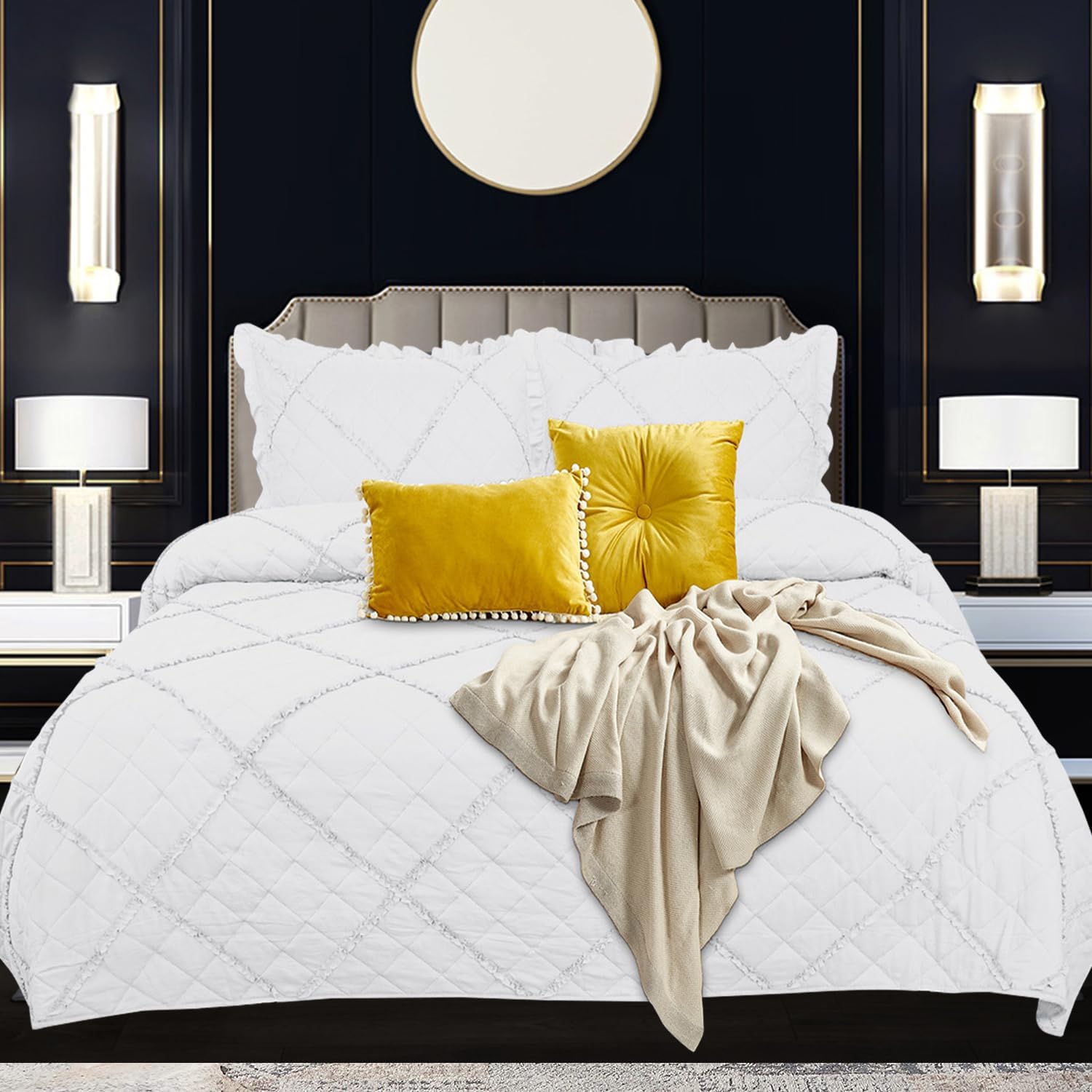 Quilted Bedspread King Size Bed Throw Ruffle Design Comforter Embossed