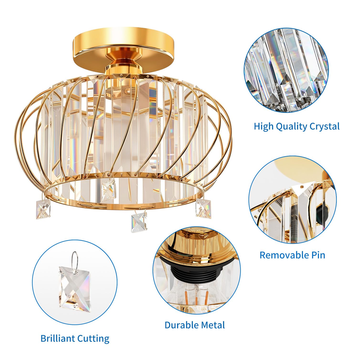 ANWIO Kristall-Kronleuchter, Deckenlampe Glas Deckenleuchte Flur Gold mit Kristallschirm, E27-Fassung, Moderne Lampe für Wohnzimmer, Schlafzimmer, Küche, Esszimmer -Φ28CM
