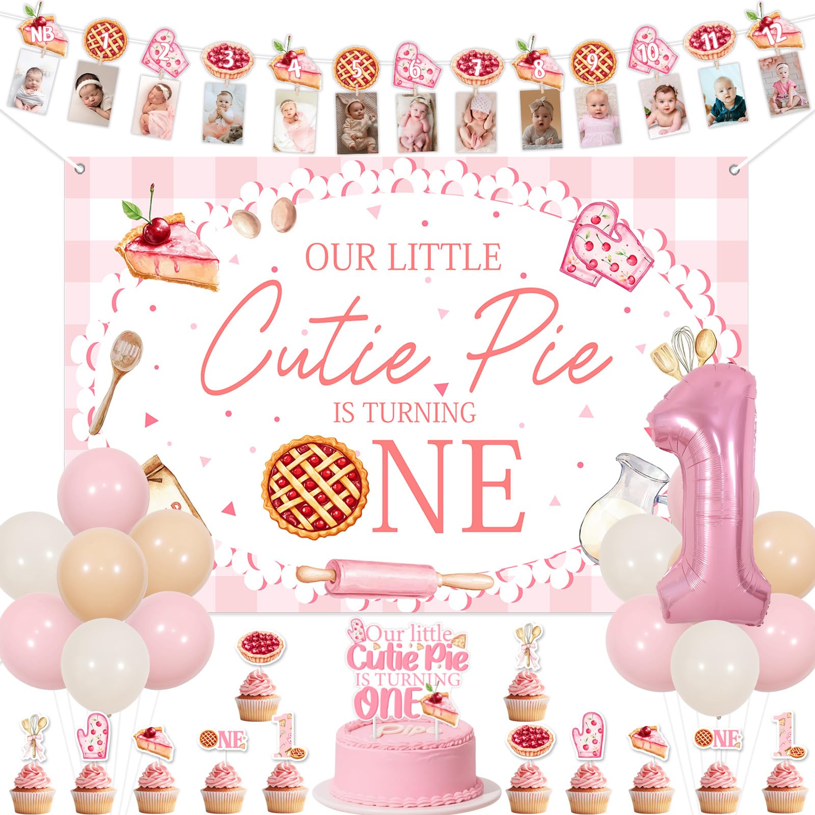 Balterever Cutie Pie 1st Birthday Decorations for Girls Our Little Cutie Pie is Turning One Banner Backdrop Cake Cupcake Toppers Monthly Photo Banner