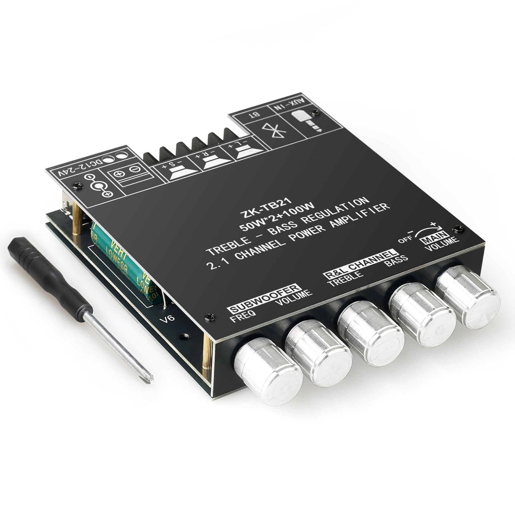 ZK-TB21 Power Amplifier Board Bluetooth5.1 TPA3116 Chip with Subwoofer 2.1 Channel 50W×2+100W, DC 12-24V Bluetooth and AUX Inputs