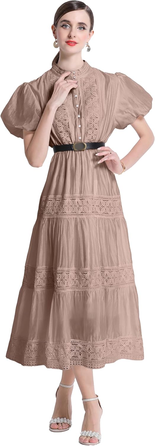 LAI MENG FIVE CATS Women's Summer Puff Sleeve Round Neck Button Lace Lightweight Midi Dress