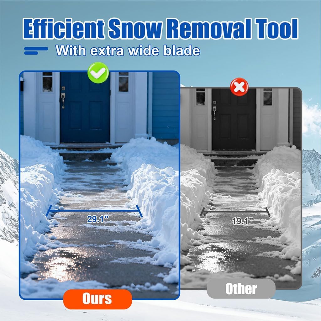 Heavy-Duty Snow Shovel with Wheels, 30" Wide Metal Snow Pusher with Adjustable Height & Angle Handle, Carbon Steel Blade, Ergonomic Double-Rod Design for Driveway, Sidewalk, and Path Snow Removal