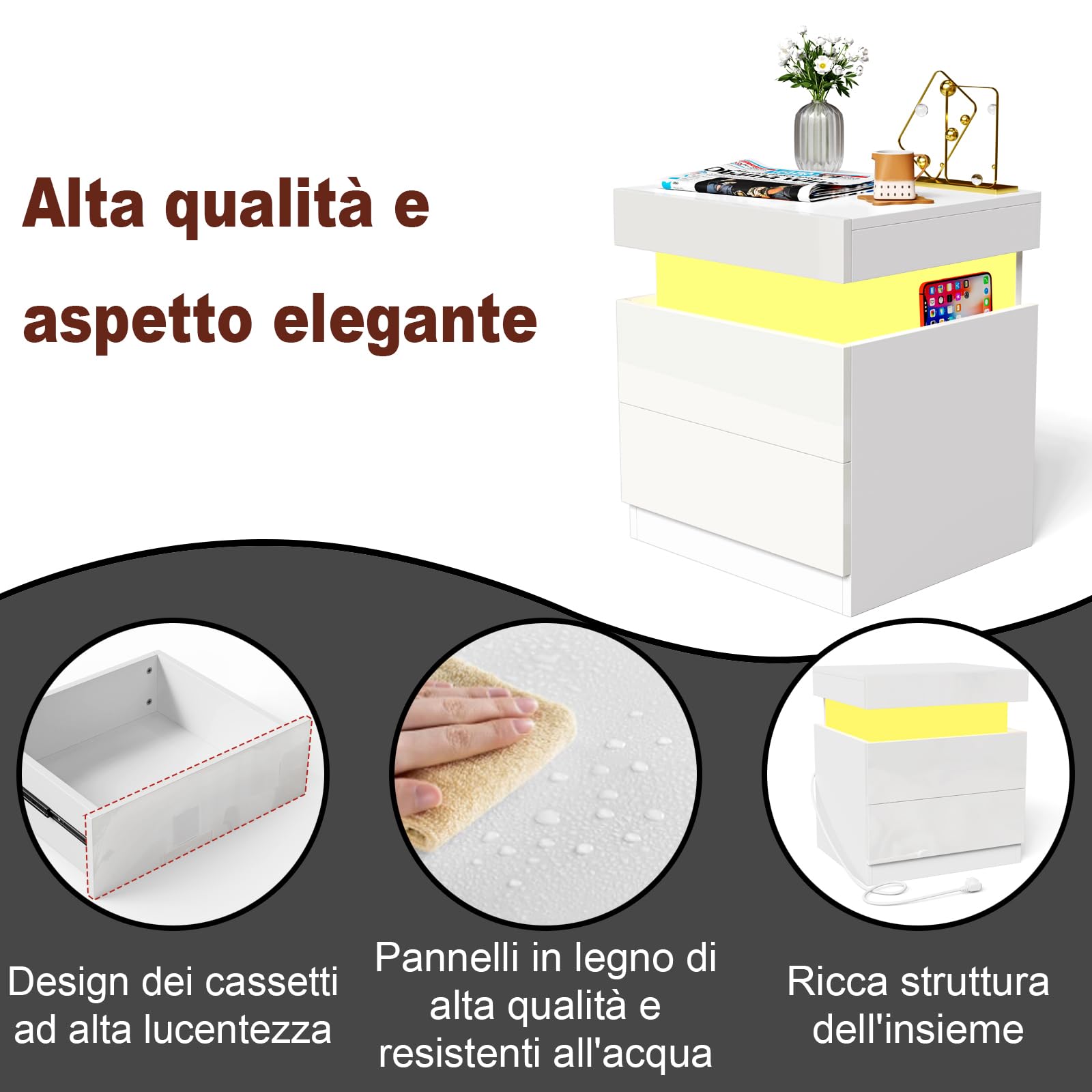 Comodino Camera da Letto con LED, Con Stazione di Ricarica, 2 Cassetti e Armadietti Scorrevoli Nascosti, Comodino Moderno, Per Arredamento Camera da Letto. (Bianco, 45x40x52cm)