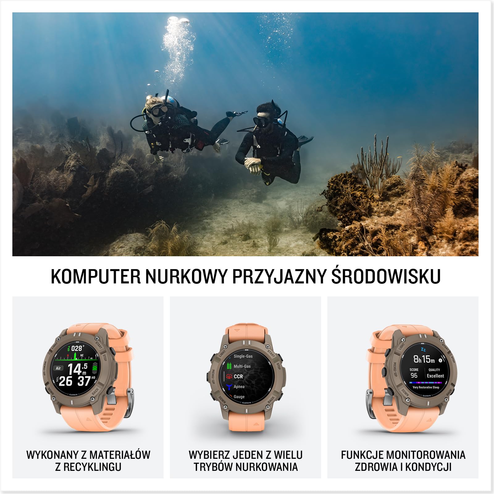 Garmin Descent G2, Wytrzymały Komputer Nurkowy Multi GNSS, Smartwatch 46 mm, Wyświetlacz AMOLED, Wiele trybów nurkowania, 10ATM, Shell Pink
