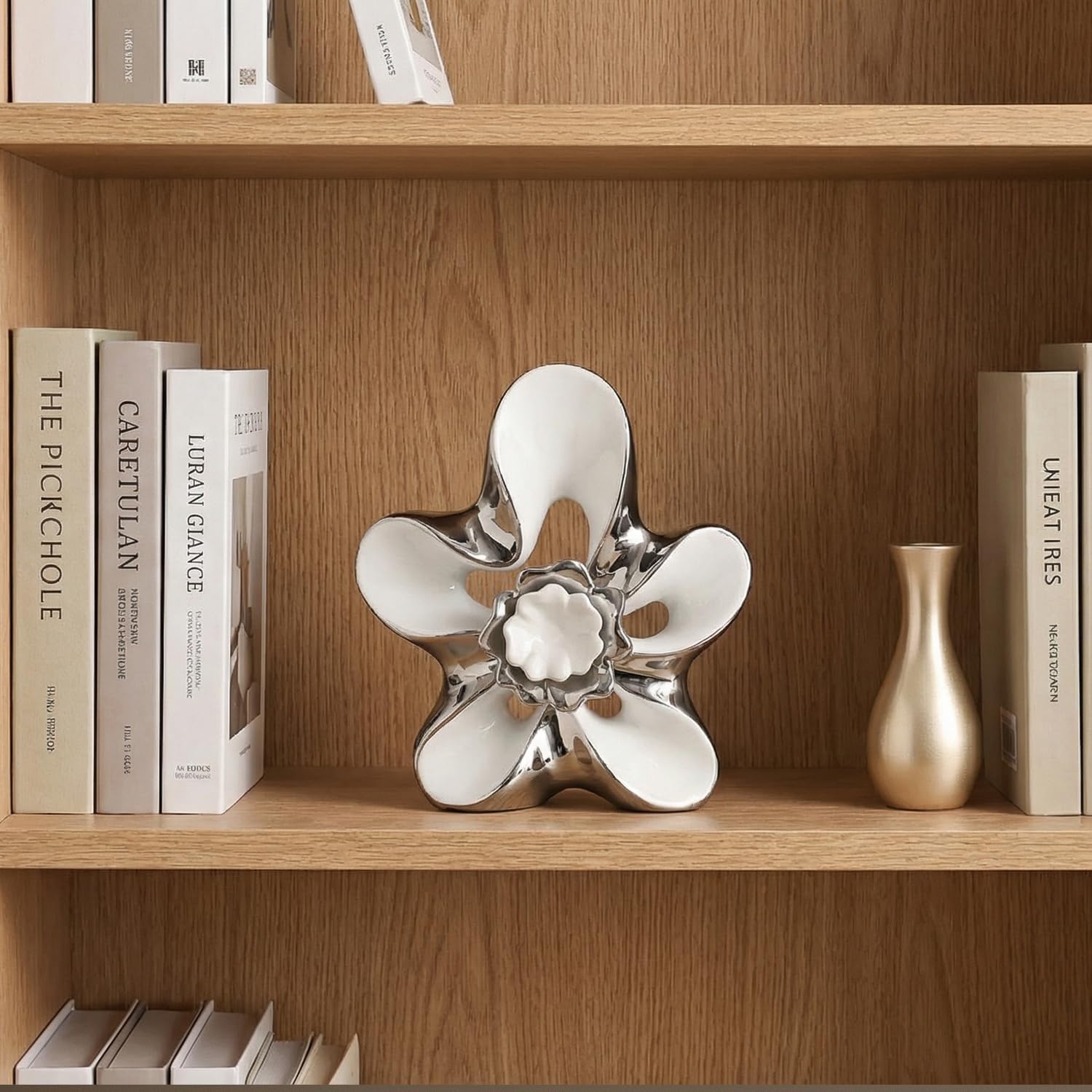 Ceramic Statue Home Decor Aesthetic Abstract Flower Sculpture Modern Decorative Statues for Living Room Bedroom Bookshelf Desktop Dinging Table Centerpiece Office(White and Silver)