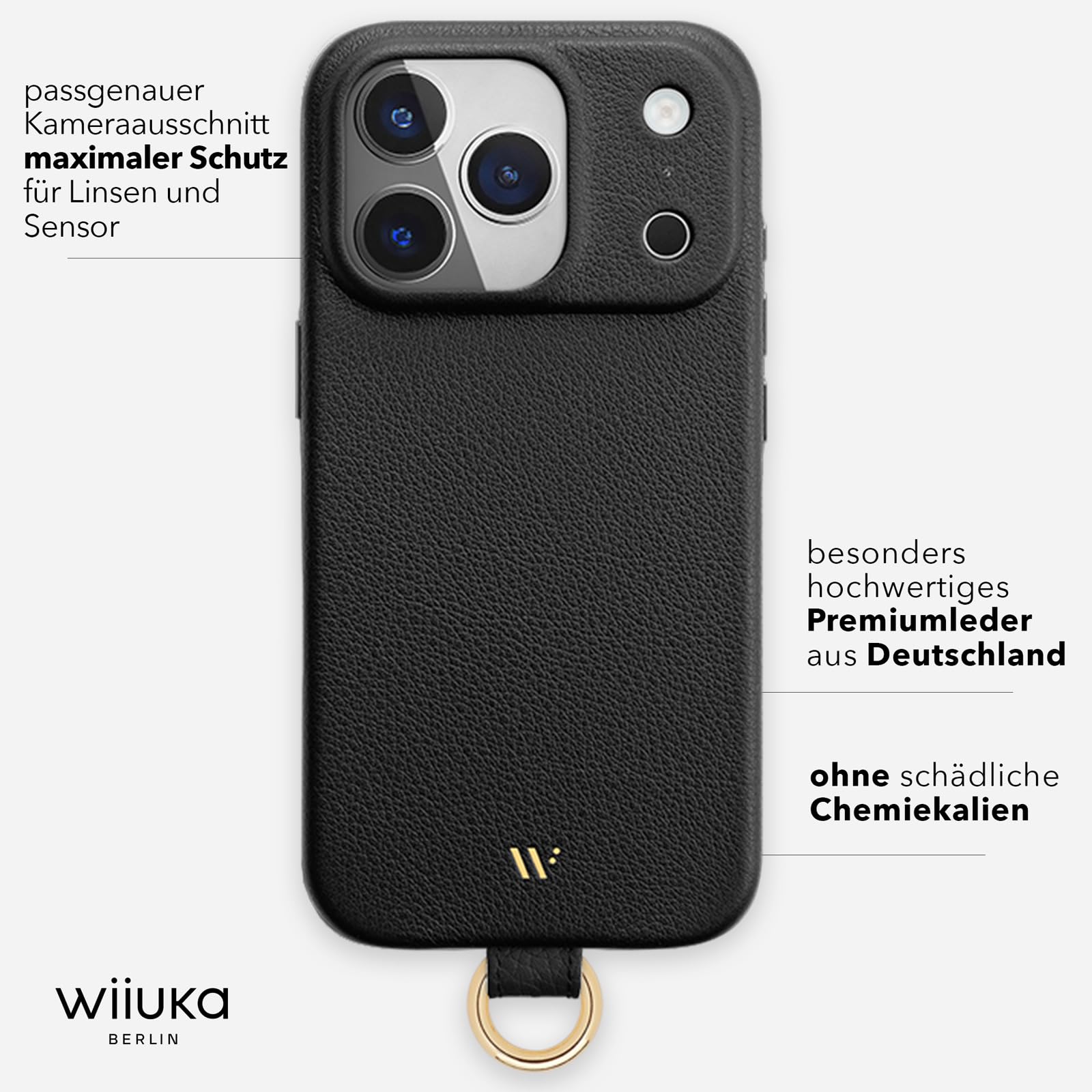 WIIUKA Funda para iPhone 17 Pro, piel de Alemania, funda de piel para teléfono móvil, funda para teléfono móvil, funda para teléfono móvil, funda de cadena, correa de cuello, lazo de esquí, negro