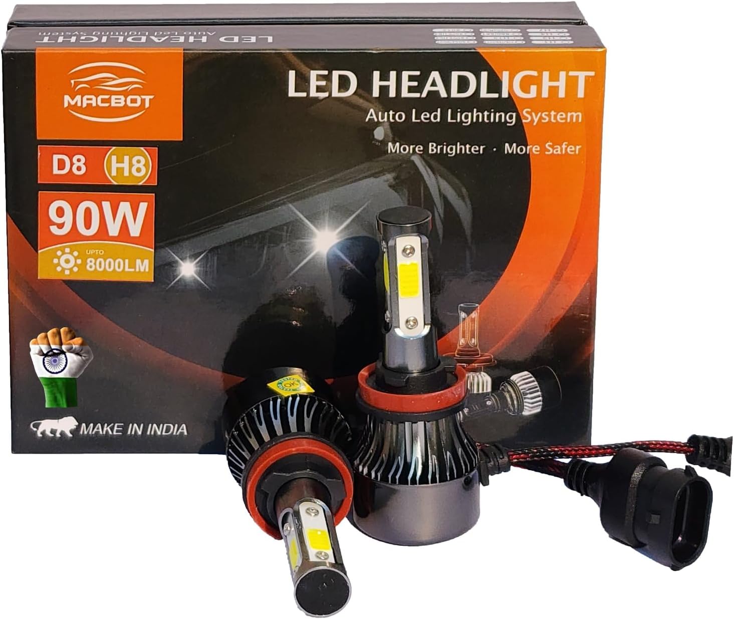 MACBOT H8/H11/H16 Type LED Fog light Bulb 90 Watt D8-H8, with 1-Year Replacement Warranty - Made in India for Cars (45 Watt Each Bulb) Super Bright White Light, Easy Installation