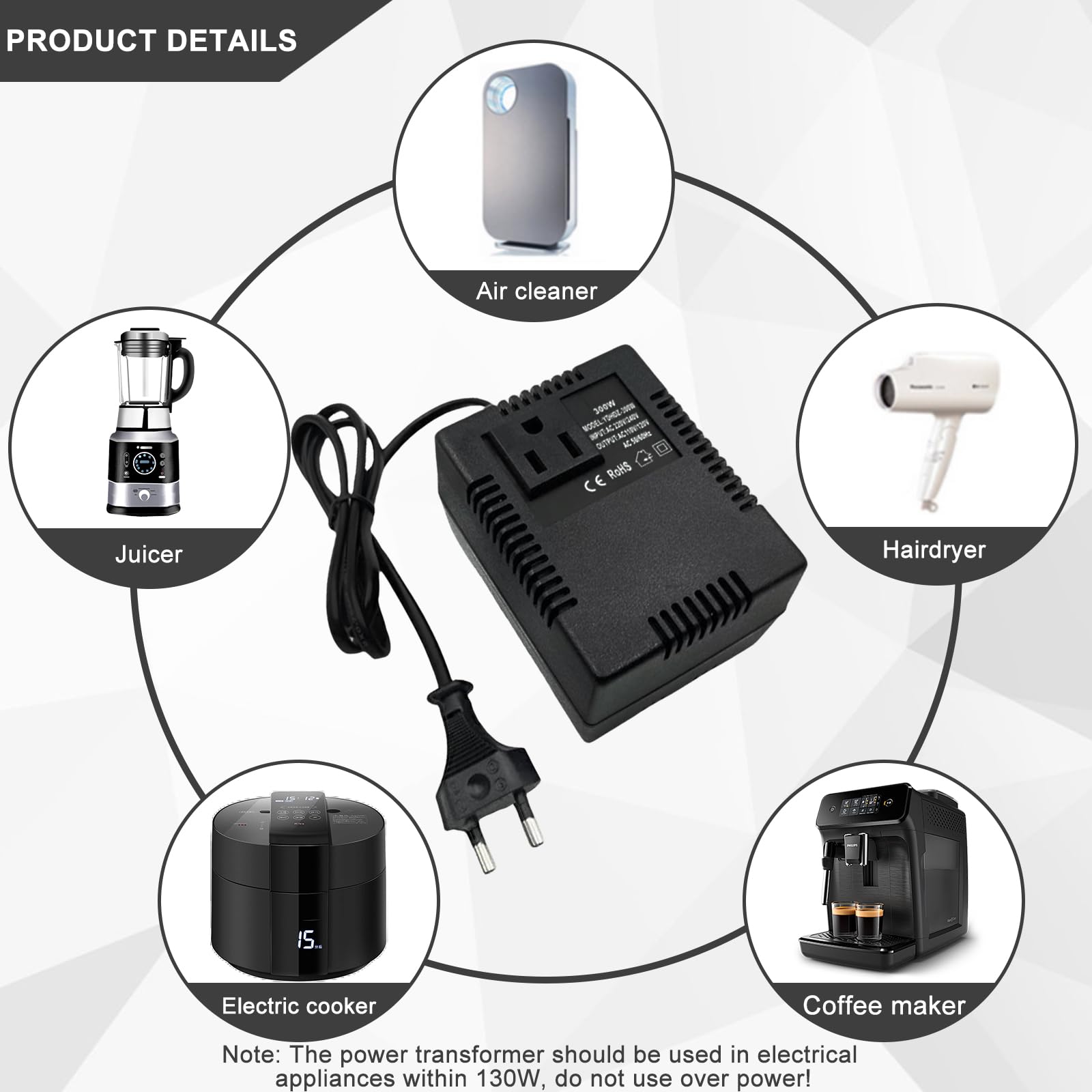Convertisseur de Tension 220V vers 110V 300W, Transformateur de Puissance Abaisseur Adaptateur de Voyage pour Appareils Électroniques, Ordinateurs, Purificateurs d’Air, Caméras et Plus