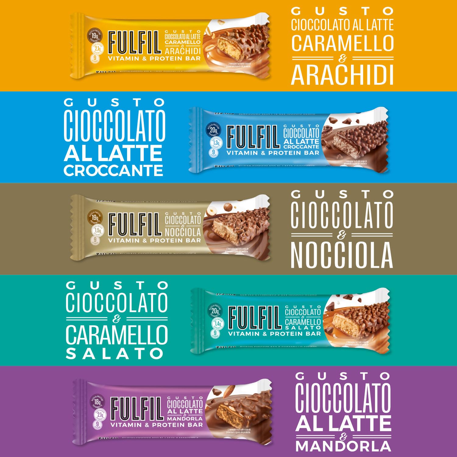 FULFIL - 15 Barrette Proteiche da 55 Grammi, Gusto Cioccolato Caramello e Arachidi con 9 Vitamine e Pochi Zuccheri, Confezione da 825 Grammi