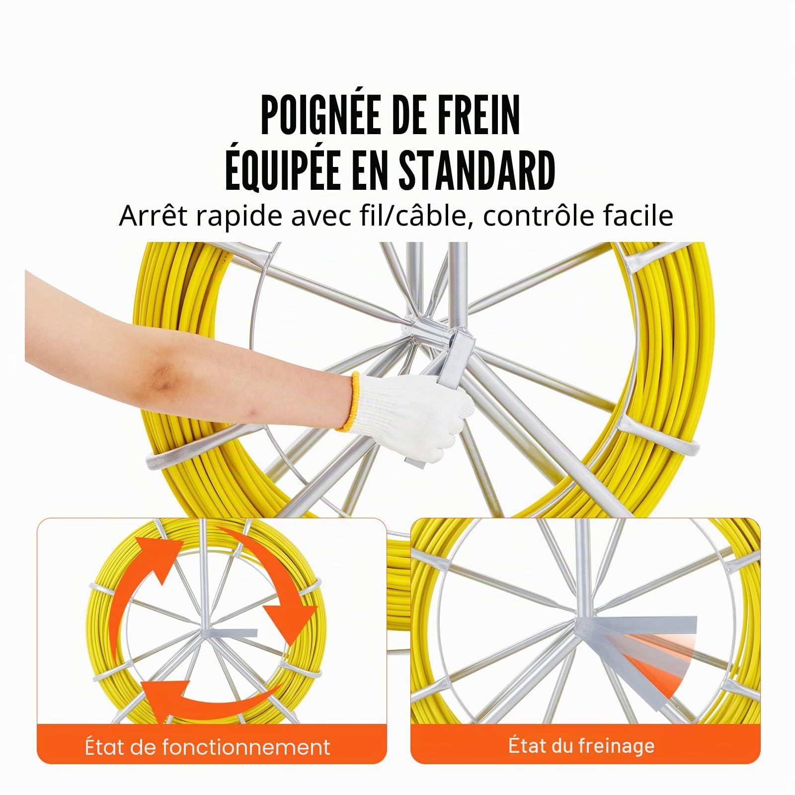 VEVOR Ruban à Poisson en Fibre de Verre 150 m 7,9 mm Aiguille Électricien de Tirage Fil Câble Électrique Extracteur Bobine de Conduit Support Acier 2 Têtes de Tirage pour Mur Conduit Non Conducteur