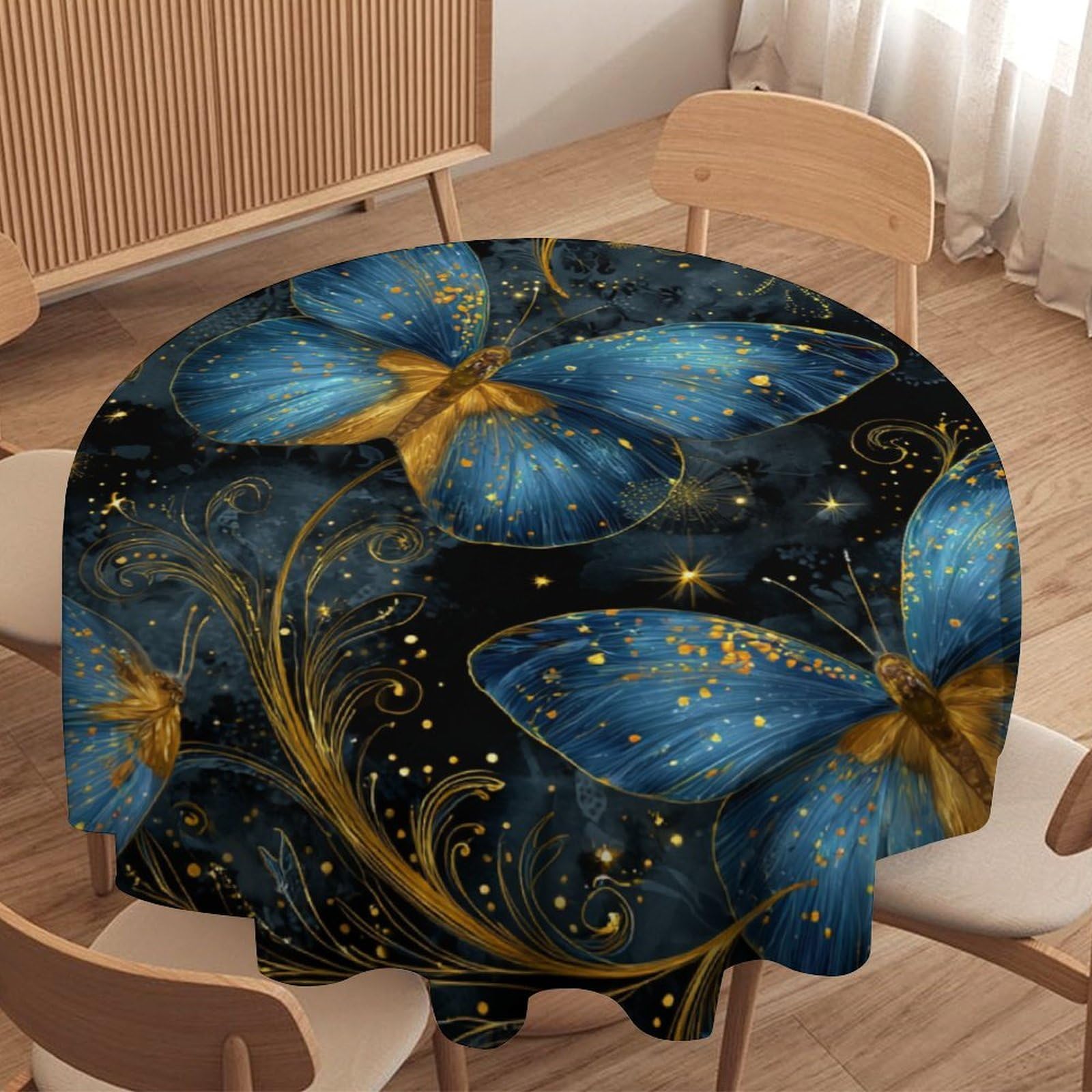 LUYYSKY Fantasy Classic Butterfly Round Tablecloth Rustic Aesthetic Animal Butterflies Blue Gold Print Washable Decor for Table Cover for Kitchen-127 Wx127 L cm