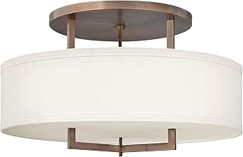 Hinkley Hampton Semi-Flush Three Light 26-in Dia. Ceiling Mount, Off-White Linen Drum Shade, Acrylic Diffuser, Brushed Bronze Finish