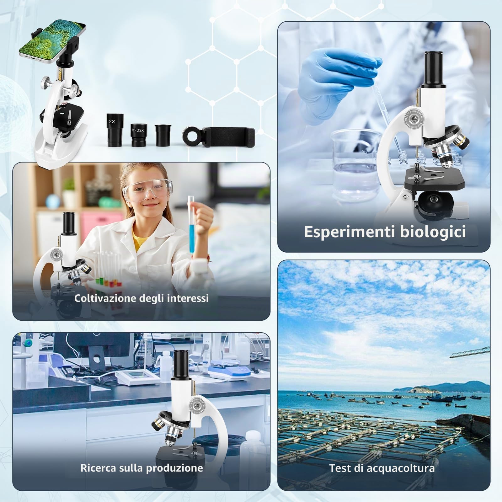 40-2000x microscopio in metallo professionale per adulti e bambini, con oculari 10x e 25x, 4x 10x 40x obiettivi, 2x lenti e set di accessori, ideale per biologia e metallurgia