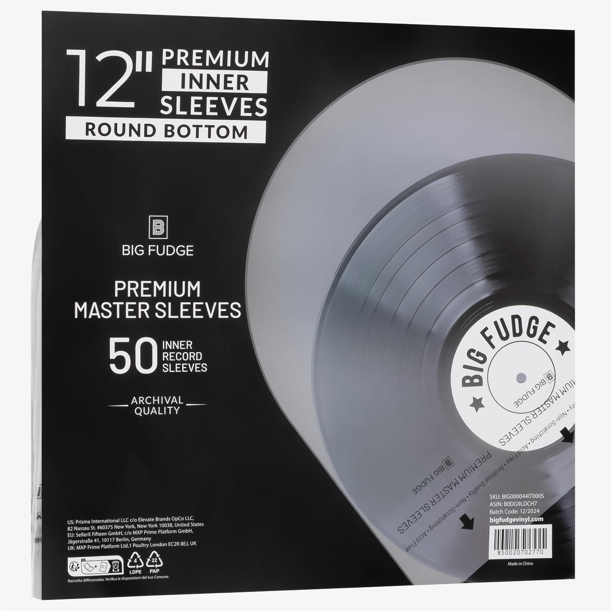 Big Fudge 12" Vinyl Record Sleeves - Round Bottom Inner Sleeves 50 Pack - Anti Static Rice Paper Acid Free Vinyl Covers - Accessories Protect LP