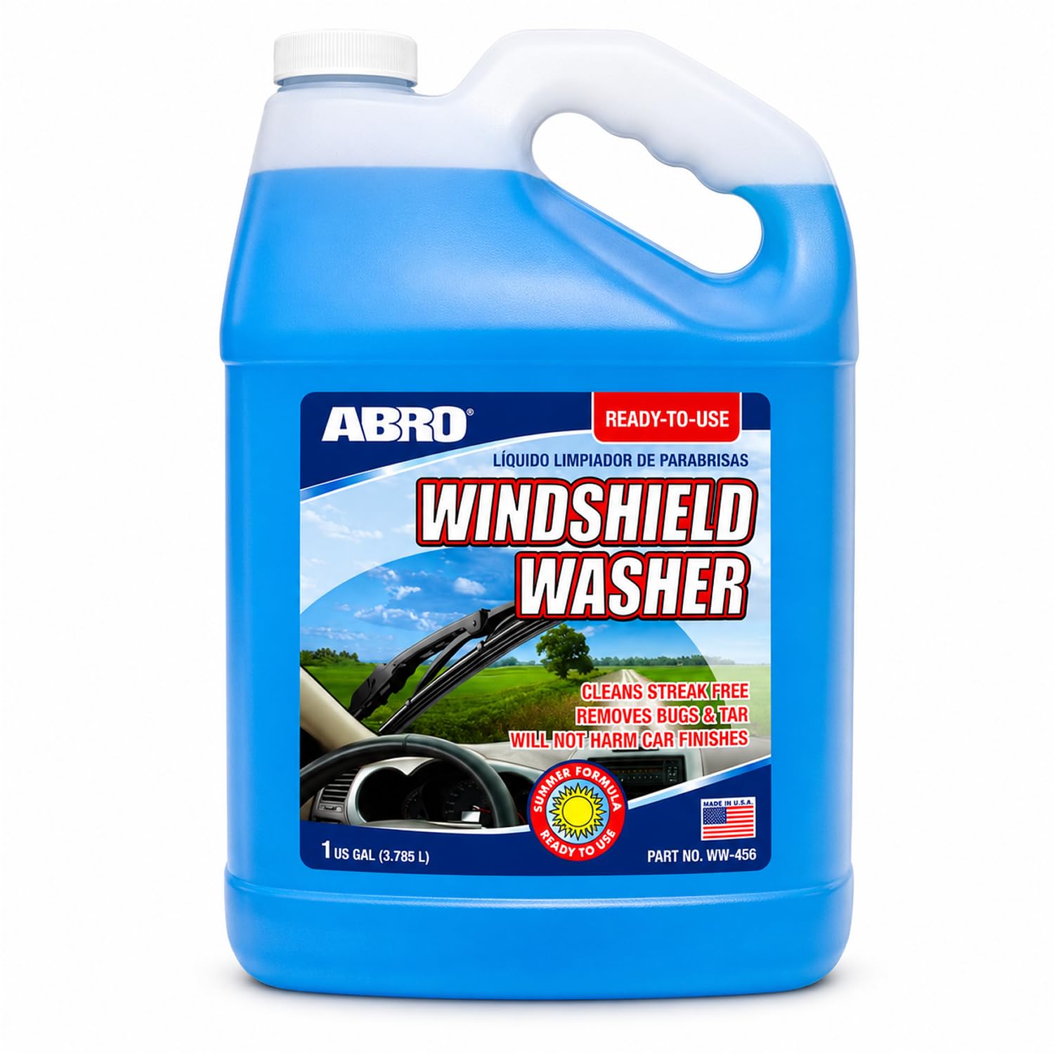 ABRO Windshield Washer Fluid Ready to Use Formula - 1 Gallon, Pre-Mixed, Streak-Free Cleanliness, 2-In-1 Removes Bugs & Tar 128 Fl Oz (Pack of 1) Summer