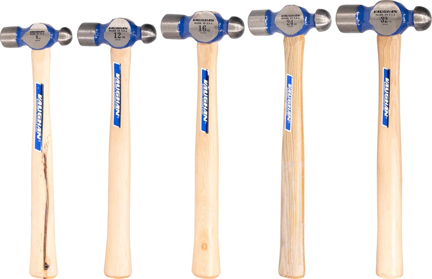 VAUGHAN Hickory Handle Ball Pein Hammers, 5 Piece Set, Made In The USA, Polished Striking Head, VN18710
