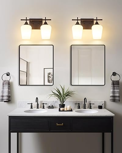 Miniatura 5 de OS-YQ9167-2AW - Lámpara de baño de bronce aceitado, 2 luces de tocador de baño sobre espejo con vidrio de leche, lámpara moderna de pared de baño de