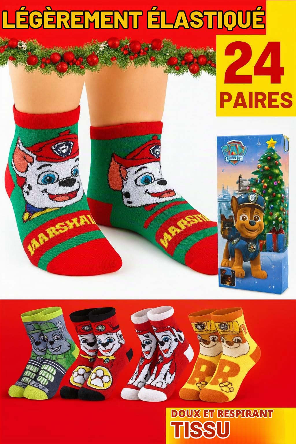 Get Trend Pat Patrouille Chase Calendrier de l'Avent 2026 à 24 Chaussettes | EU 27 à 31, Chaussettes Fantaisie, Doux et Respirant, Compte à Rebours avant Noël, Cadeau Enfants et Ados (Multi Chase)