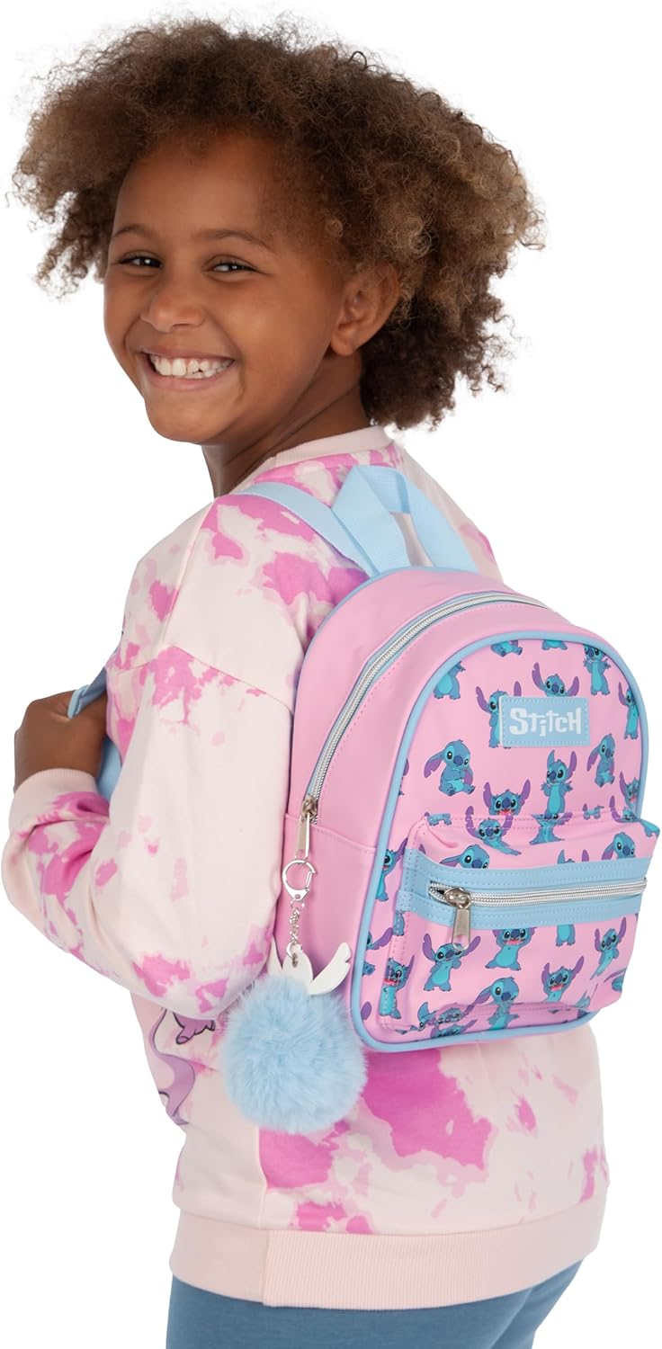 Disney Stitch Mini Backpack | Girls Mini Backpack With Stitch Keychain | Small Rucksack For Girls | One Size Pink - Image 3