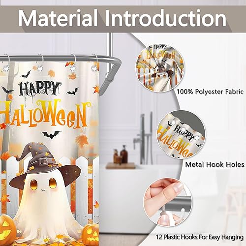 Miniatura 5 de ZTHMOE Cortina de ducha de Halloween para baño, fantasma, espeluznante, lindas hojas de arce, calabazas, otoño, decoración del hogar, juegos con 12