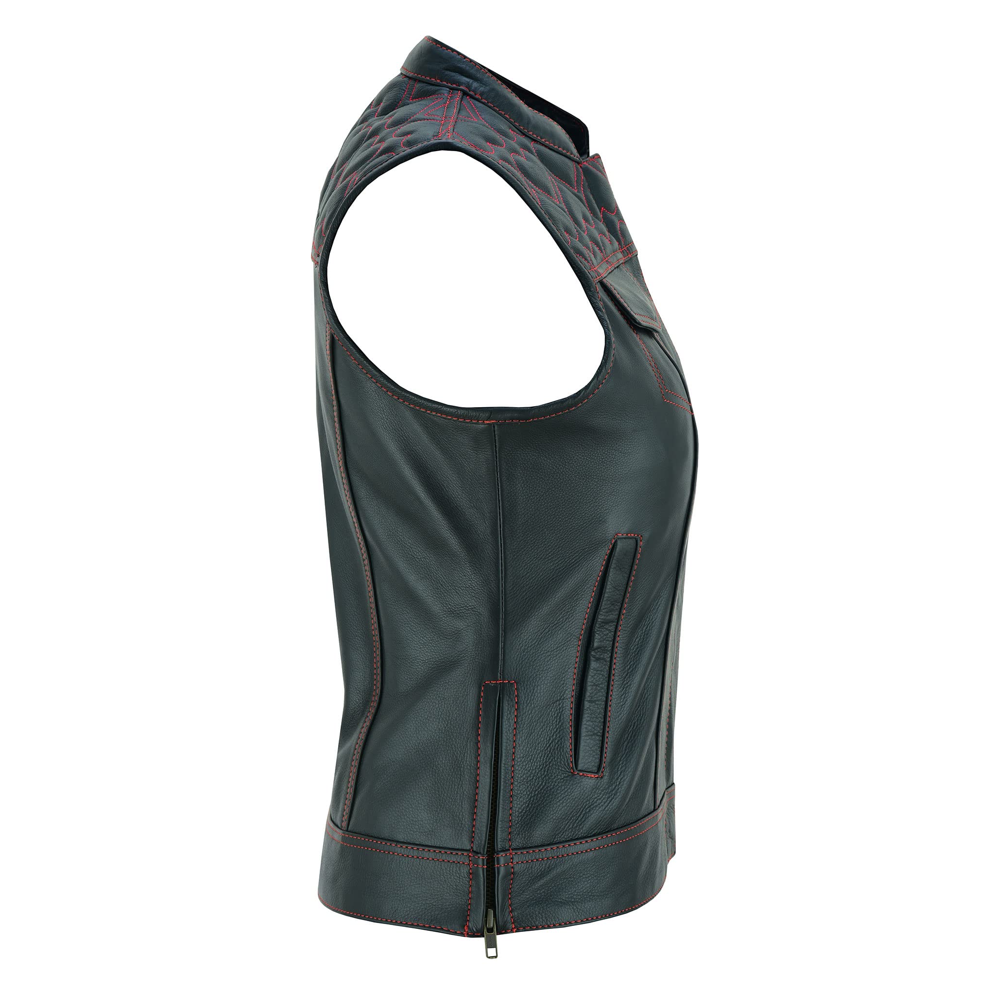 Leatherick Chaleco de cuero negro para motocicleta para mujer Forro tradicional de satén Paisley con costuras de corazón rosa