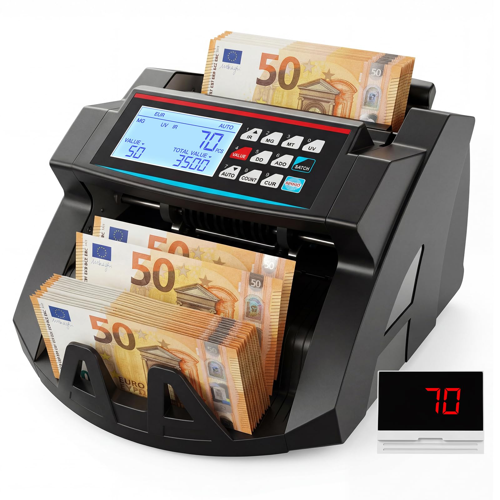 Banknotenzähler mit Falschgeld-Detektor, Geldzählmaschine, UV/MG/IR/MT Erkennung, Batch & Add & Wertzählung, LCD-Display, >900 Scheine/min, EU-Unterstützt Mehrere Währungen, Schwar
