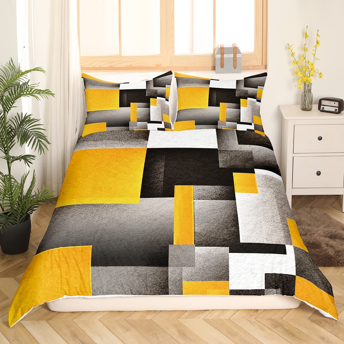 Yellow Grey Black Buffalo Check Bedding Set Single Size Kids Geometric Comforter Cover Set for Boys Duvet Cover Breathable Plaid Modern Abstract Art Bedspread Cover Room Decor Quilt Cover - Image 3