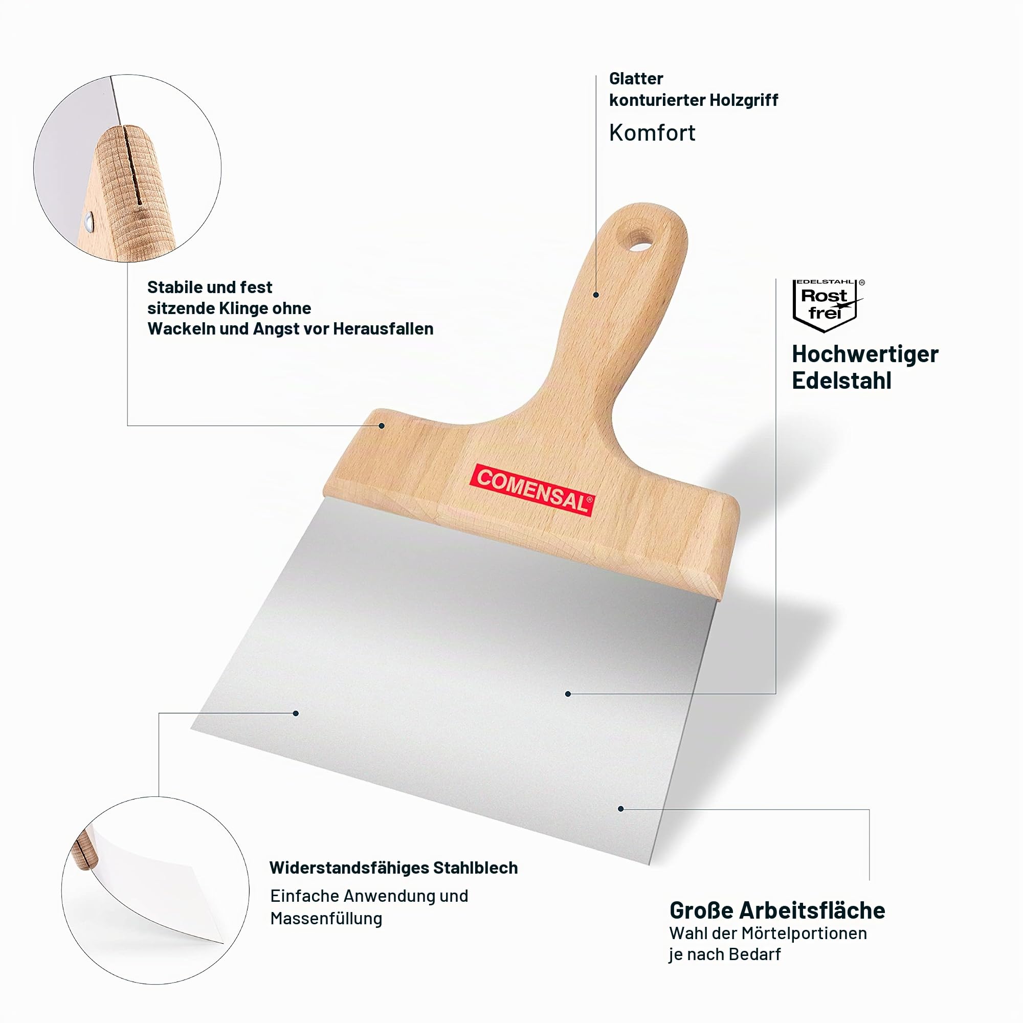 Lagerverkauf! COMENSAL® - Spachtelkasten aus Rostfreiem Stahl 7-teiliges set - Breitspachtel 200/240 - Spachtel 150 - Schleifschwamm 3er - Ergonomischem Griff - Made in EU