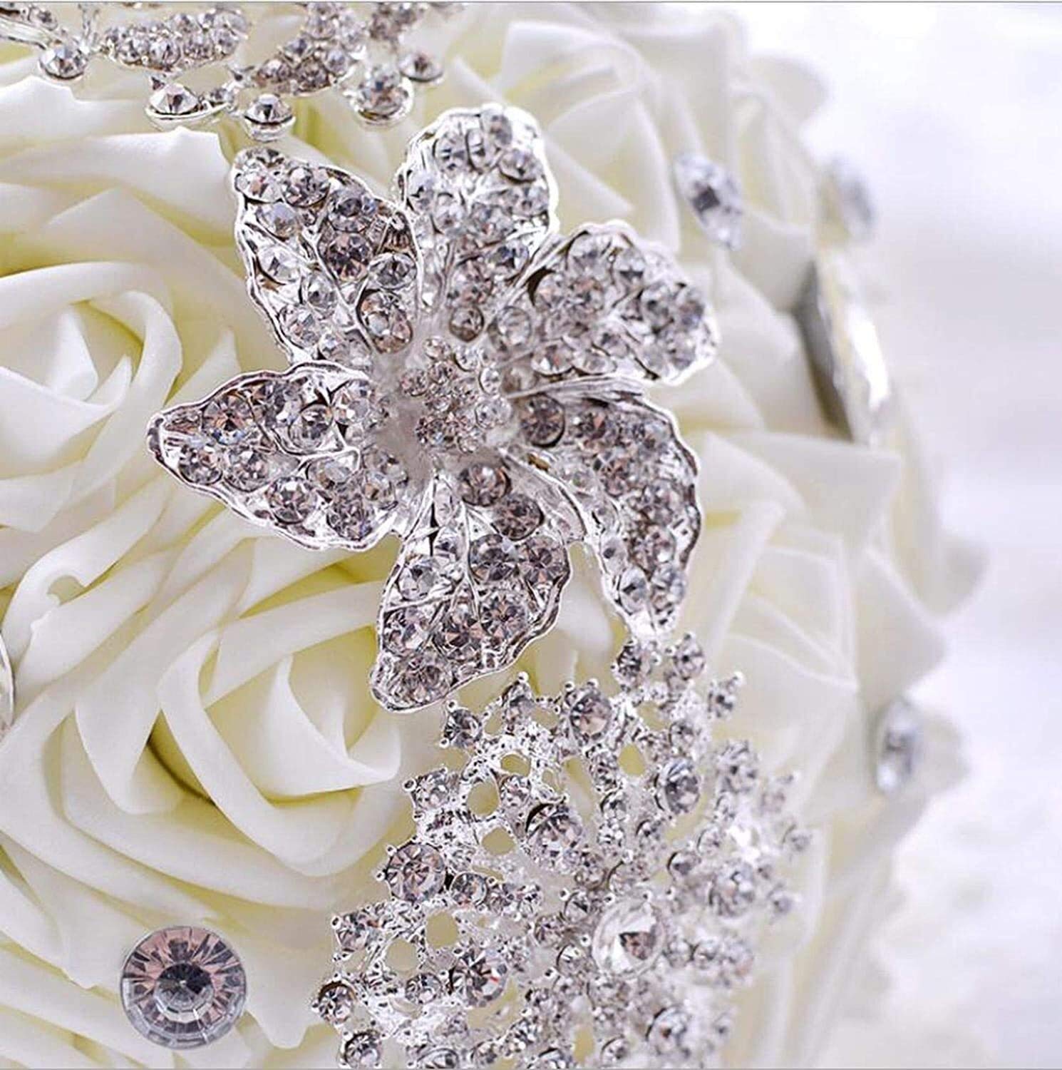 Ramo de Novia romántico Hecho a Mano, Flores Artificiales, Broche de Diamantes de imitación, Broche Plateado para Sujetar Ramos (Color: Marfil-2) (Plata) Interesante