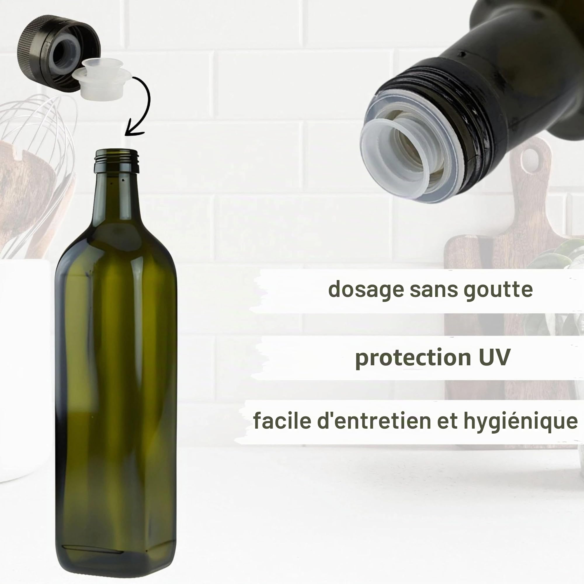 mikken Lot de 6 bouteilles d'huile de 750 ml avec bec verseur, vert/marron, bouteille en verre avec doseur et étiquettes
