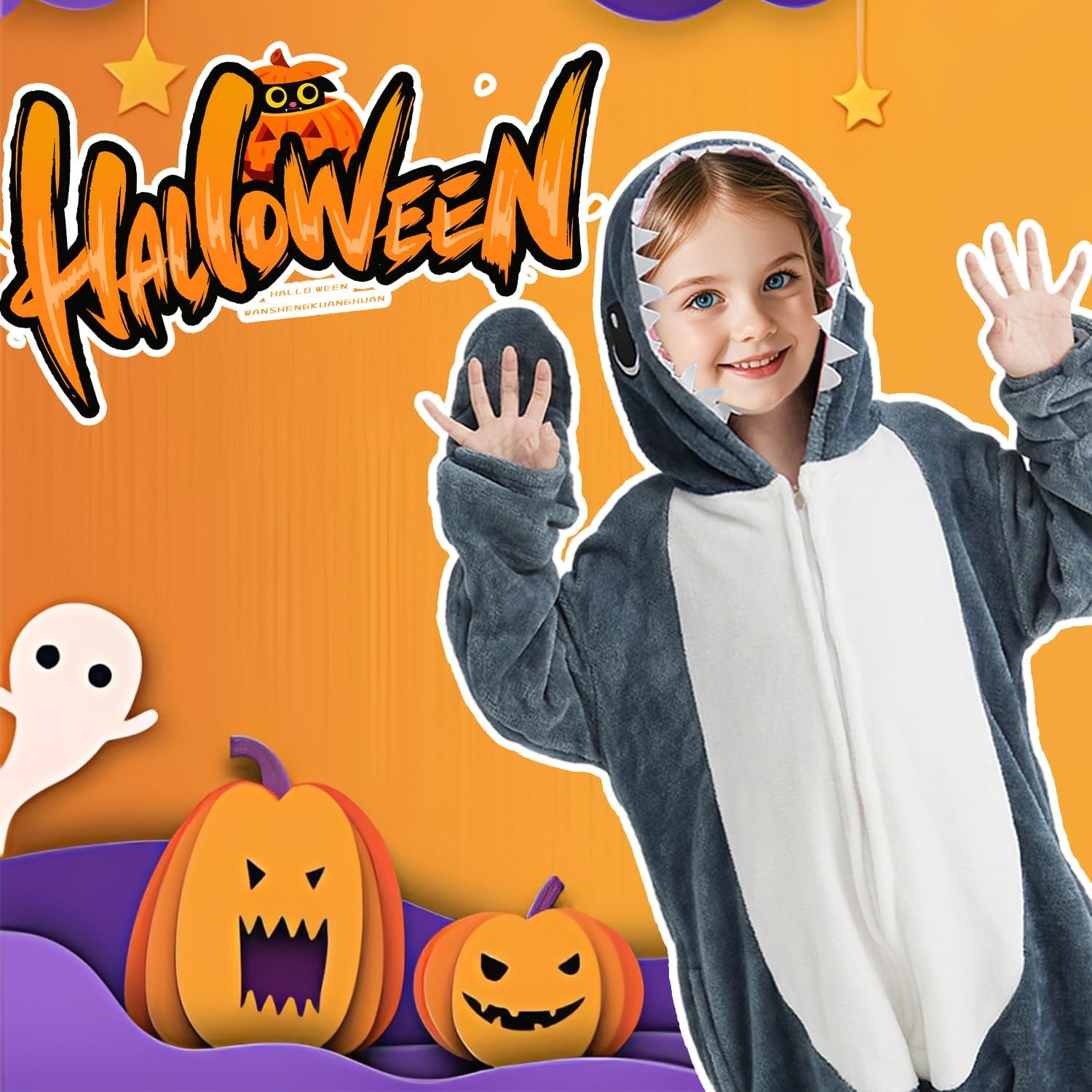 Halloween Shark Blanket Hoodie Onesie Pajamas for Kids Unisex, Soft Cozy Shark Zip-Up Pajama Costume - Image 4